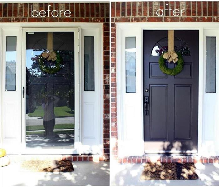 A picture of before and after picture with a storm door vs without one.